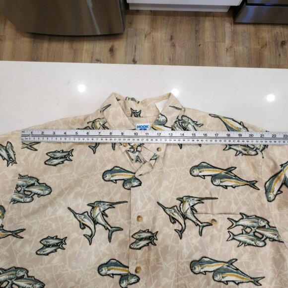 Hook Tackle Hawaiian Shirt Mens XL Cream All Over Fish Print 100% Cotton Beach - Picture 9 of 12